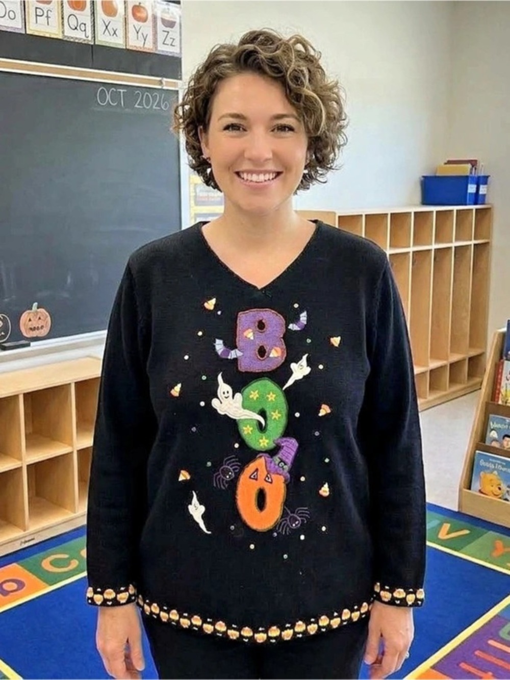 The Quacker Factory Halloween BOO Embellished V-Neck Sweater Black Large